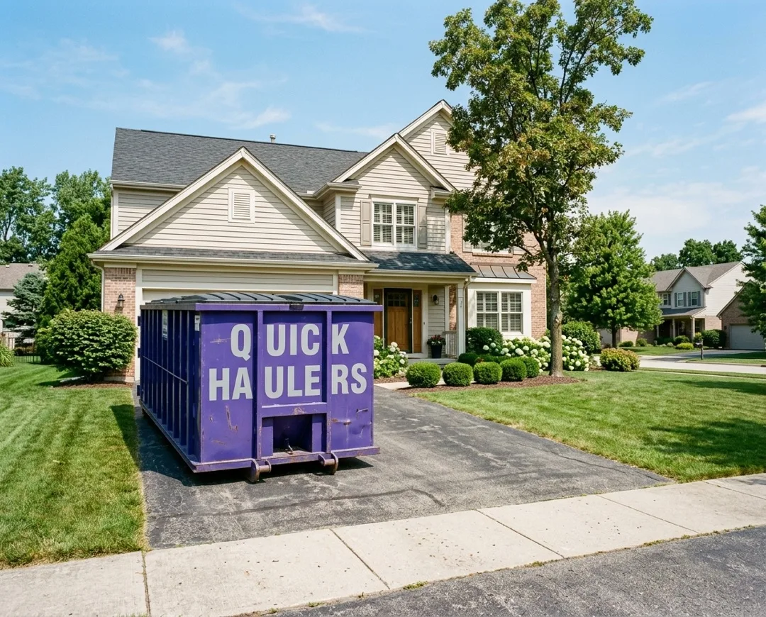 Quick Haulers purple dumpster sitting cleanly in a residential driveway